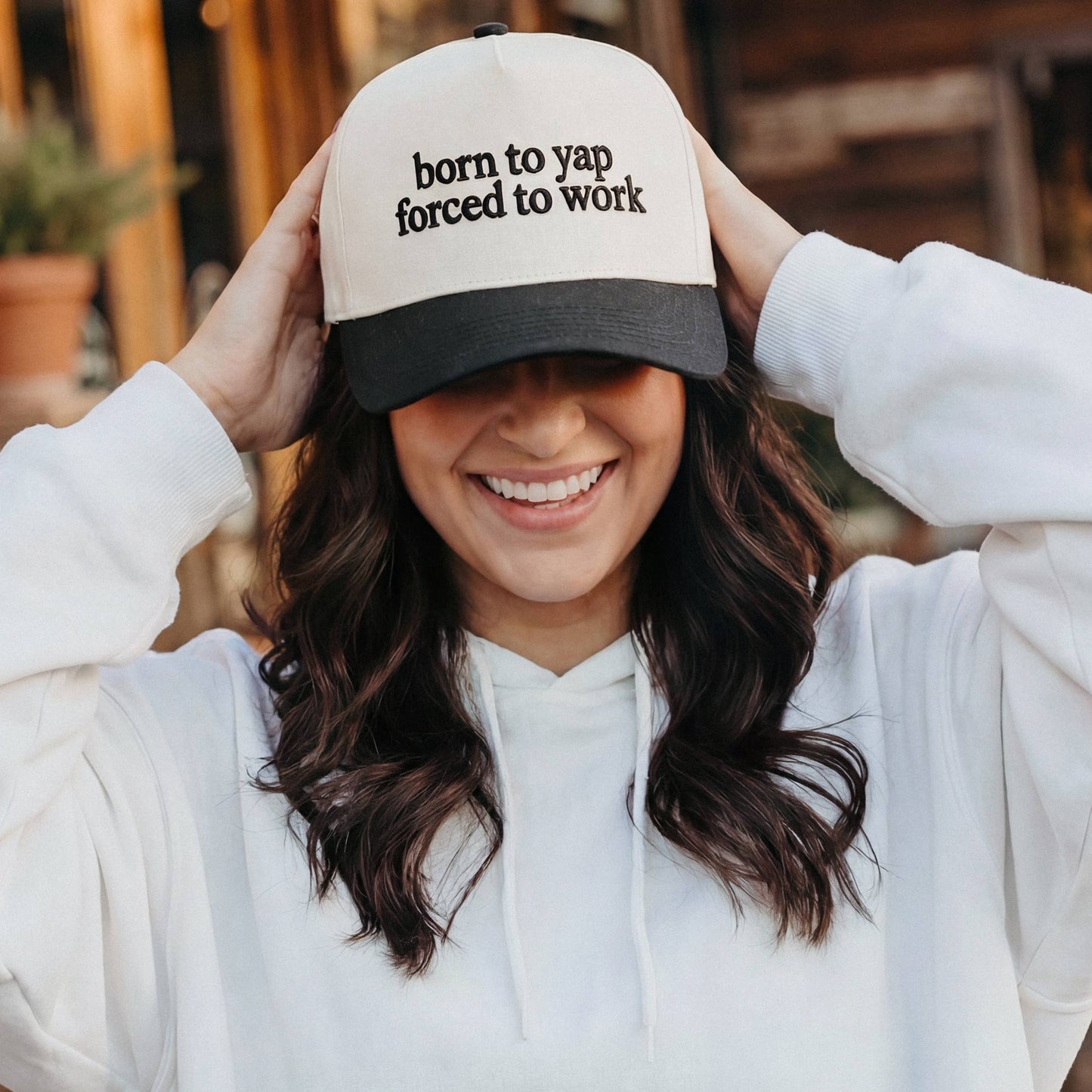 BORN TO YAP FORCED TO WORK TRUCKER HAT