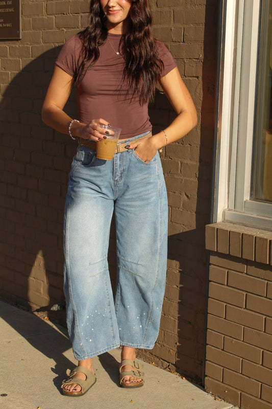 FRECKLED FADE DENIM BARREL JEANS