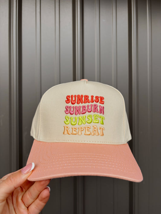 SUNRISE SUNBURN SUNSET REPEAT TRUCKER HAT