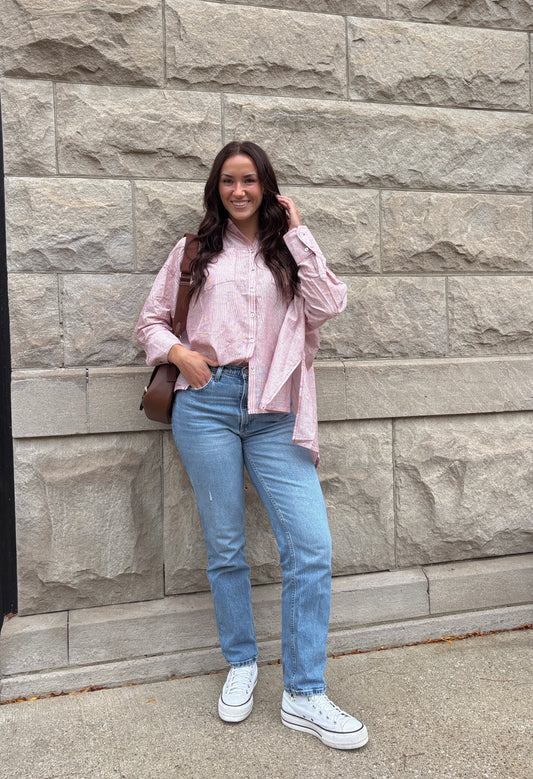 CHERRY STRIPE BUTTON UP