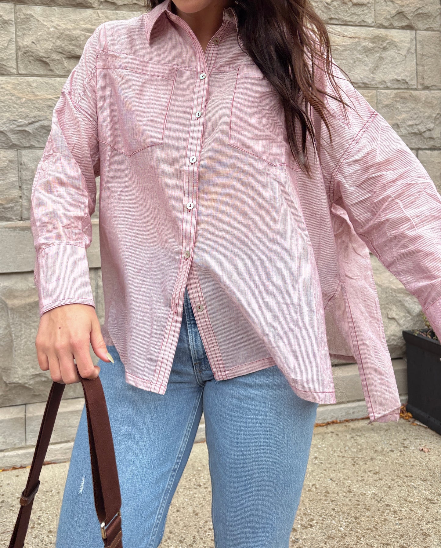 CHERRY STRIPE BUTTON UP